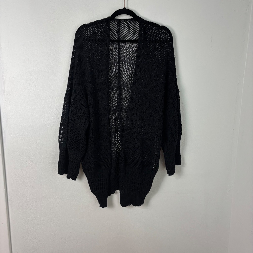 Black Open Knit Netted Cardigan Crochet Oversize Mesh Boho Whimsigoth Sweater OS